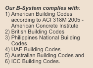 Our B-System complies with: 
American Building Codes according to ACI 318M 2005 - American Concrete Institute 
British Building Codes 
Philippines National Building Codes
UAE Building Codes 
Australian Building Codes and
ICC Building Codes.
Leasing Agreement Option: